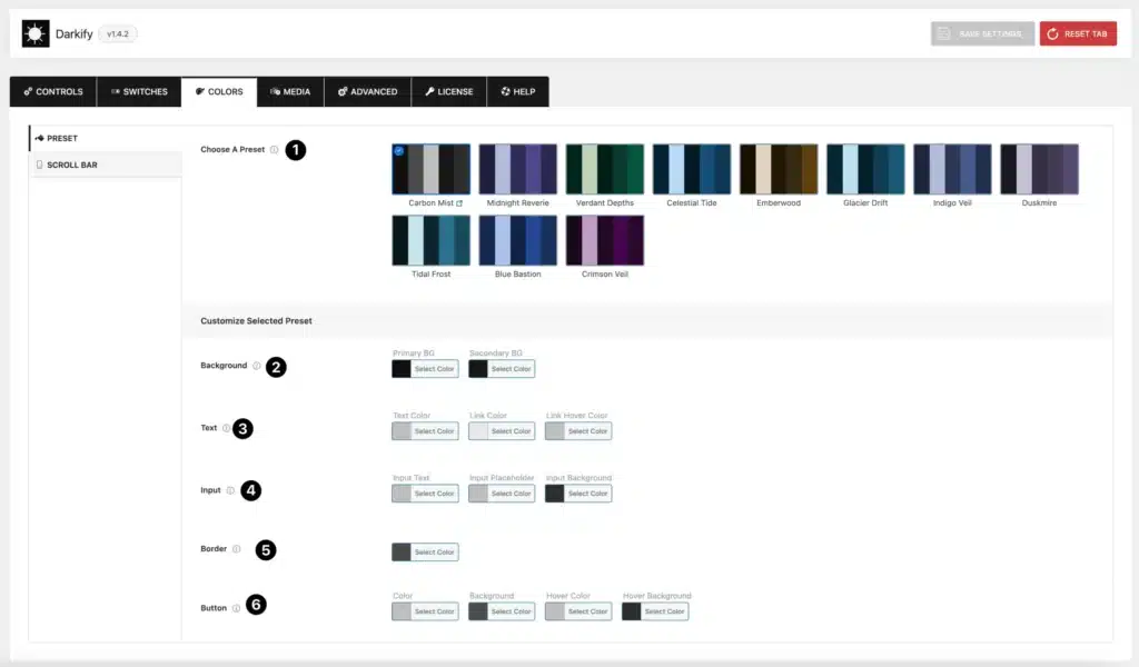 Color Precets Darkify Pro Colors Settings – Color Presets & Dark Mode Scrollbar
