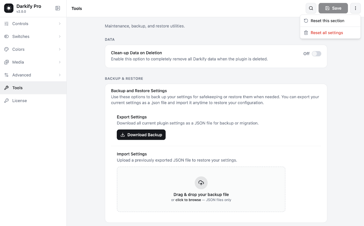 Reset Controls, Backups, and a New Tools Page