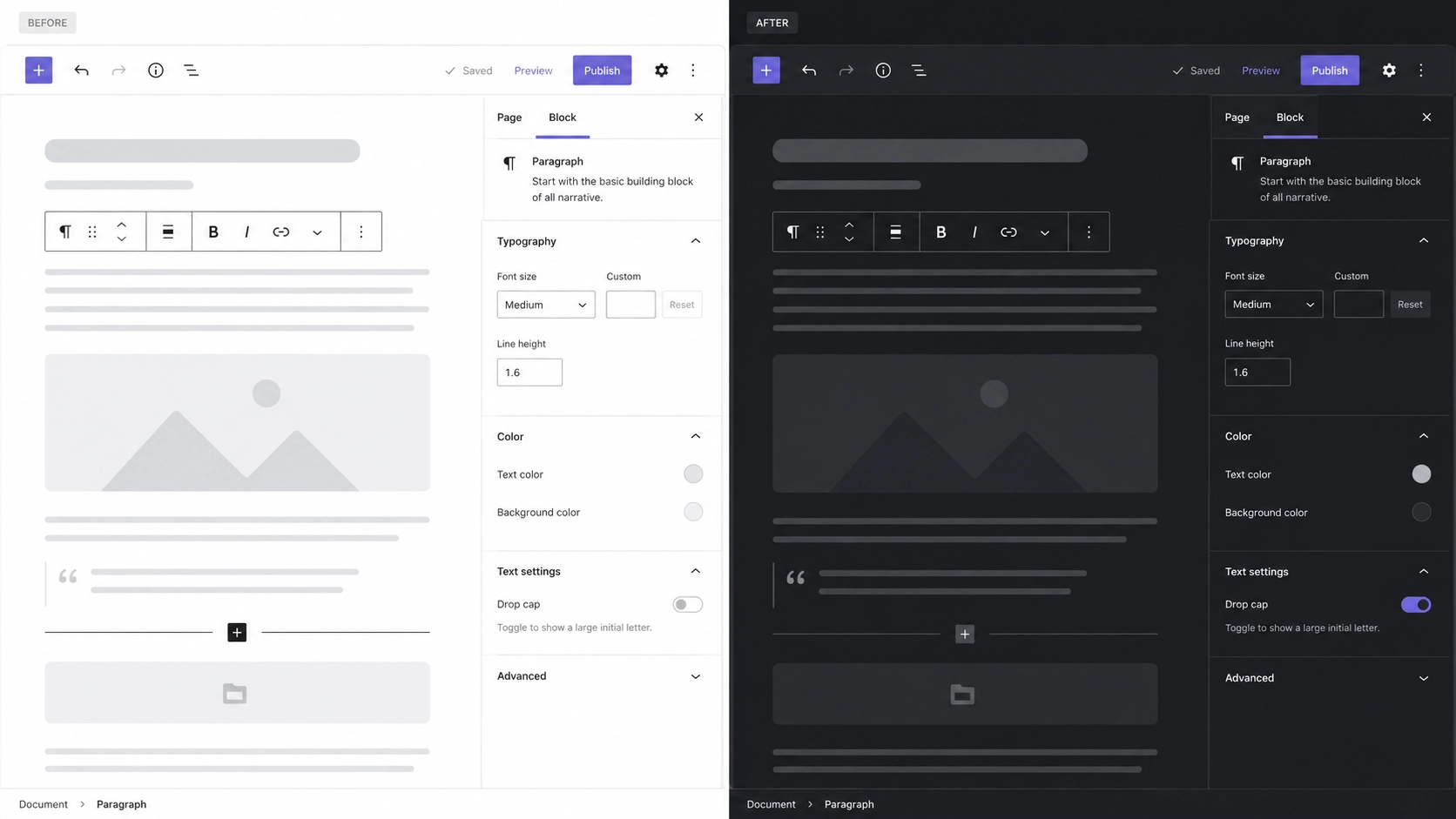 Gutenberg editor before and after Darkify dark mode
