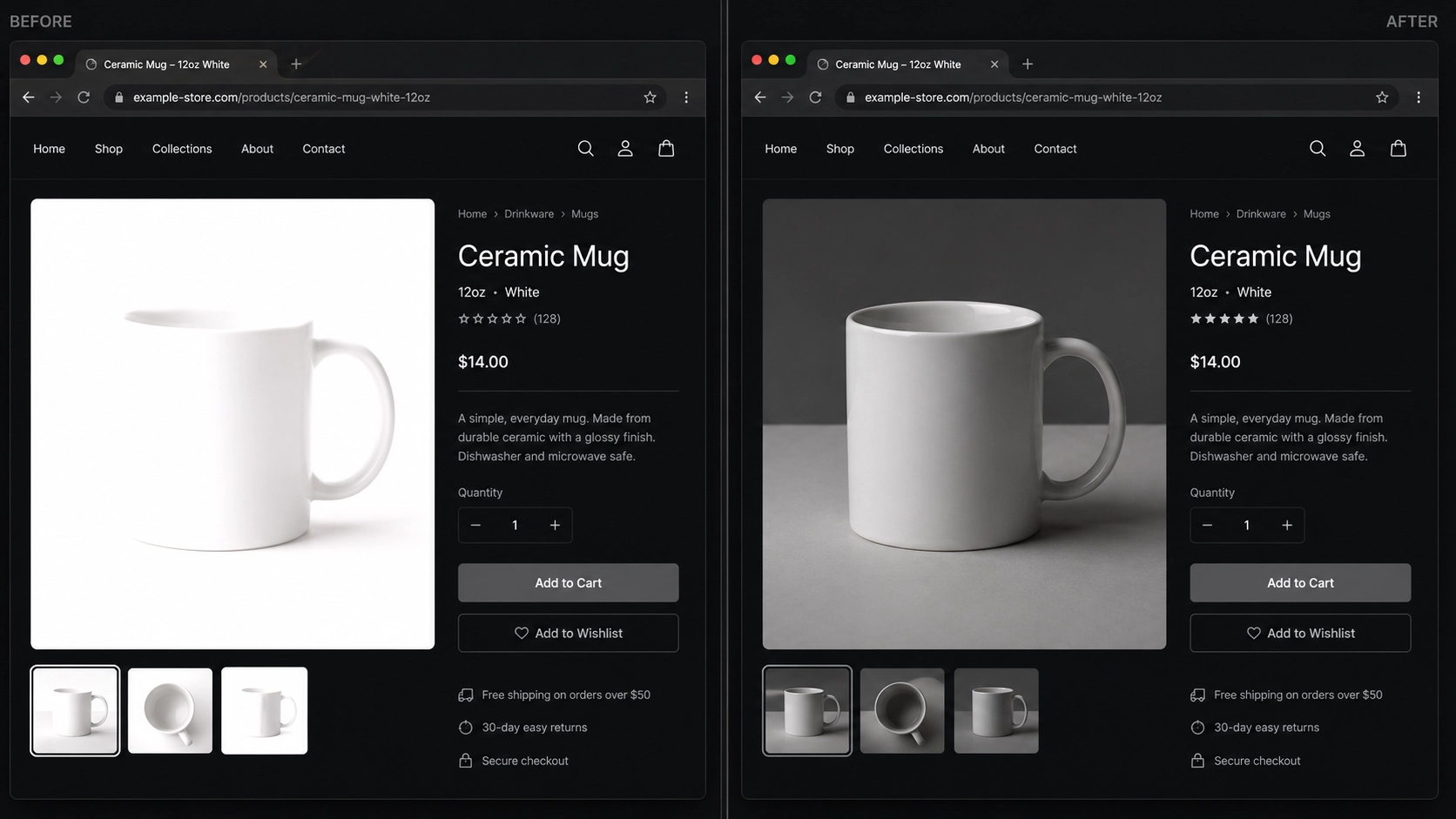 Website product image before and after Darkify dark mode dimming controls