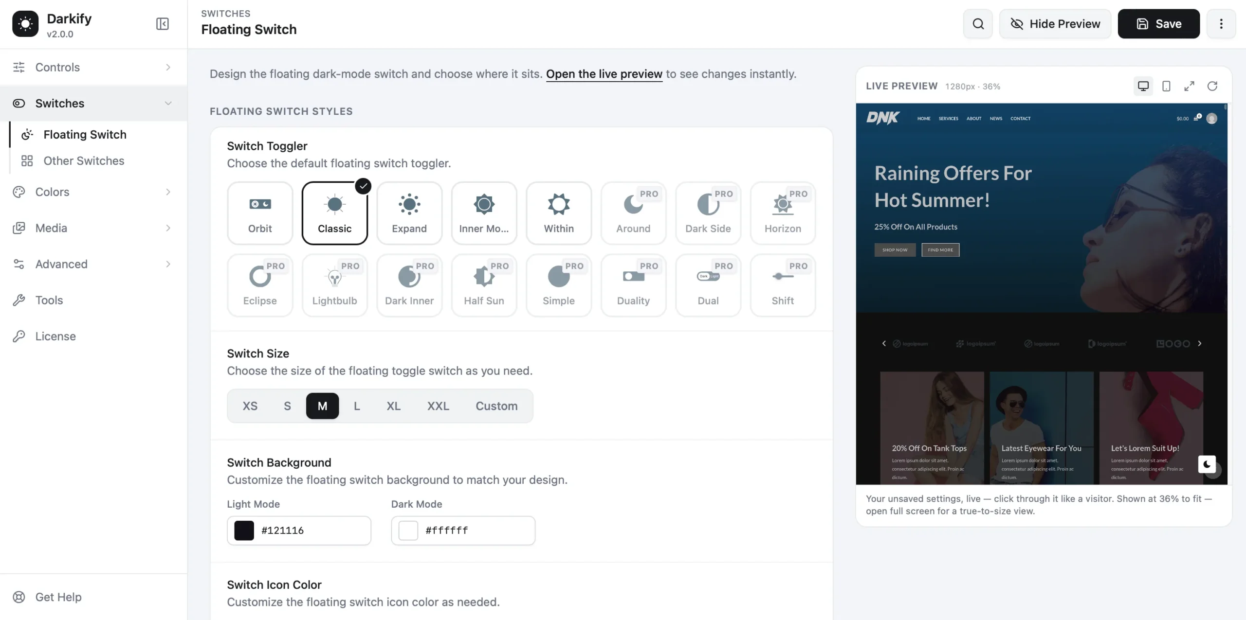 Darkify Switcher settings with floating toggle styles, switch size, corner position and icon color controls
