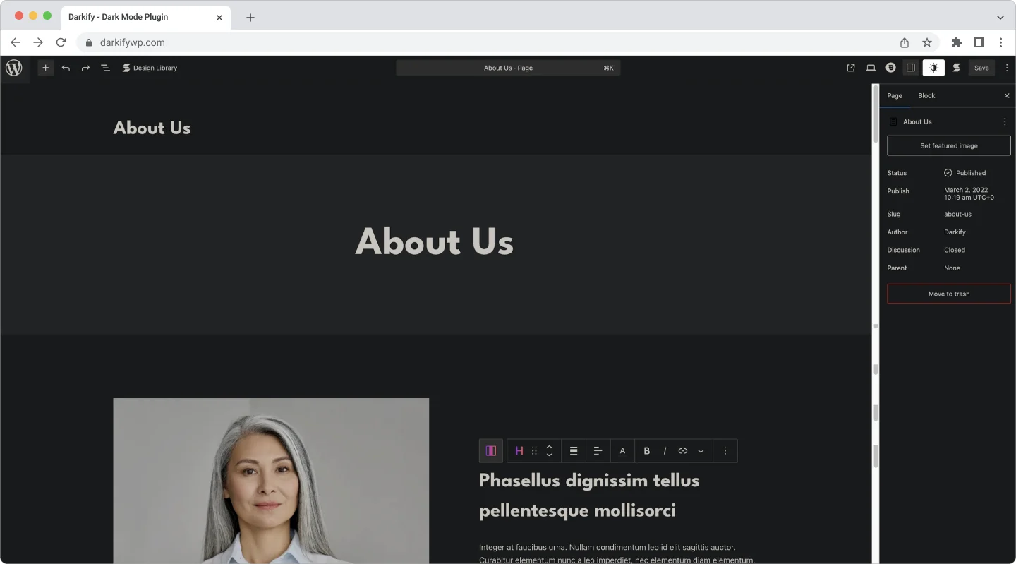 WordPress block editor canvas with dark mode applied while editing a post