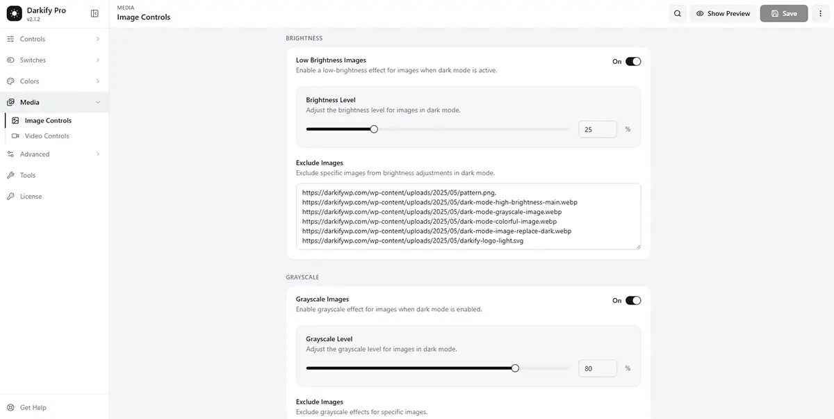 Darkify Advanced and Media settings panels showing exclusion controls for images