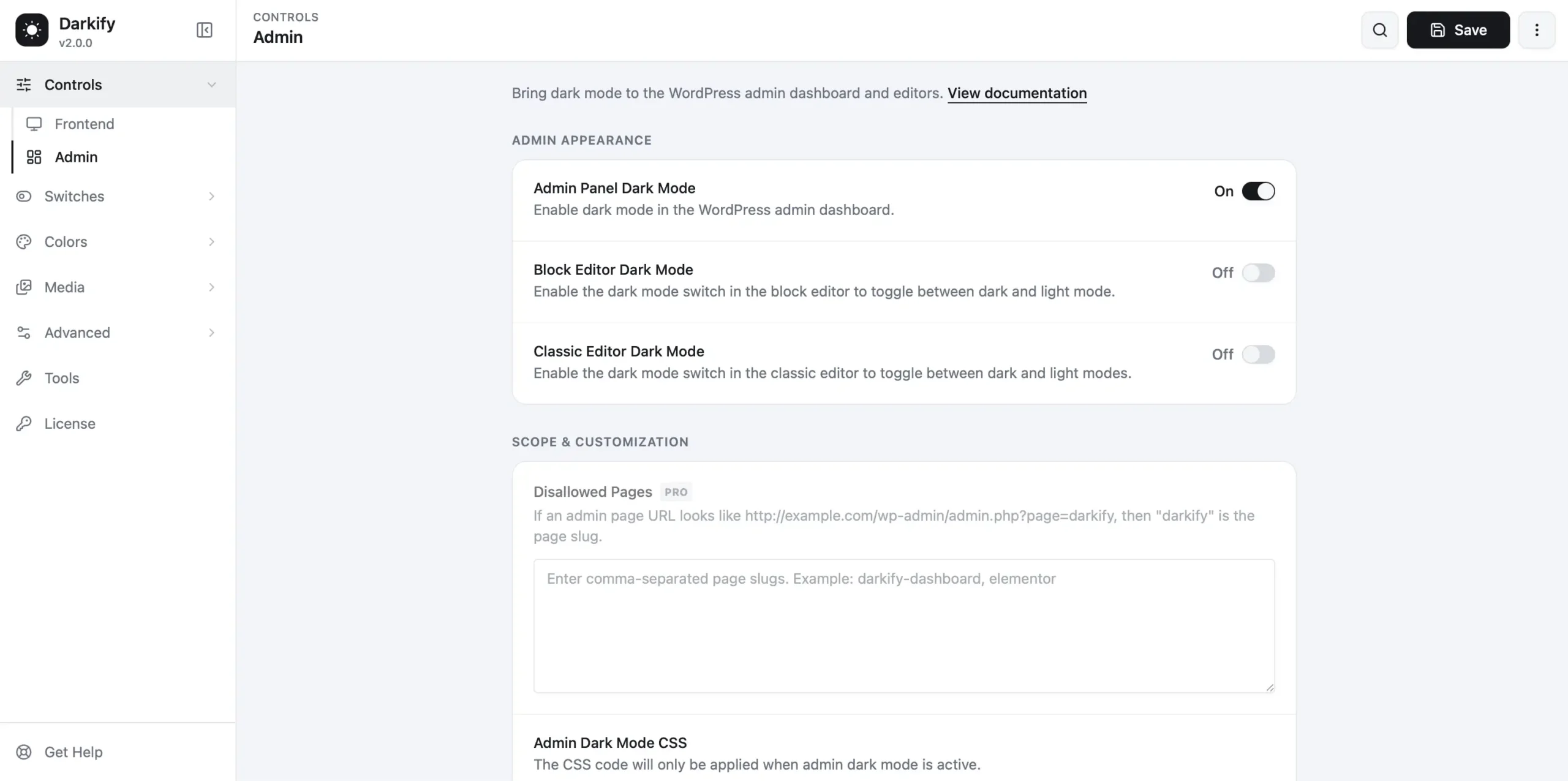 Darkify Controls settings screen with separate toggles for Admin Panel, Block Editor and Classic Editor dark mode