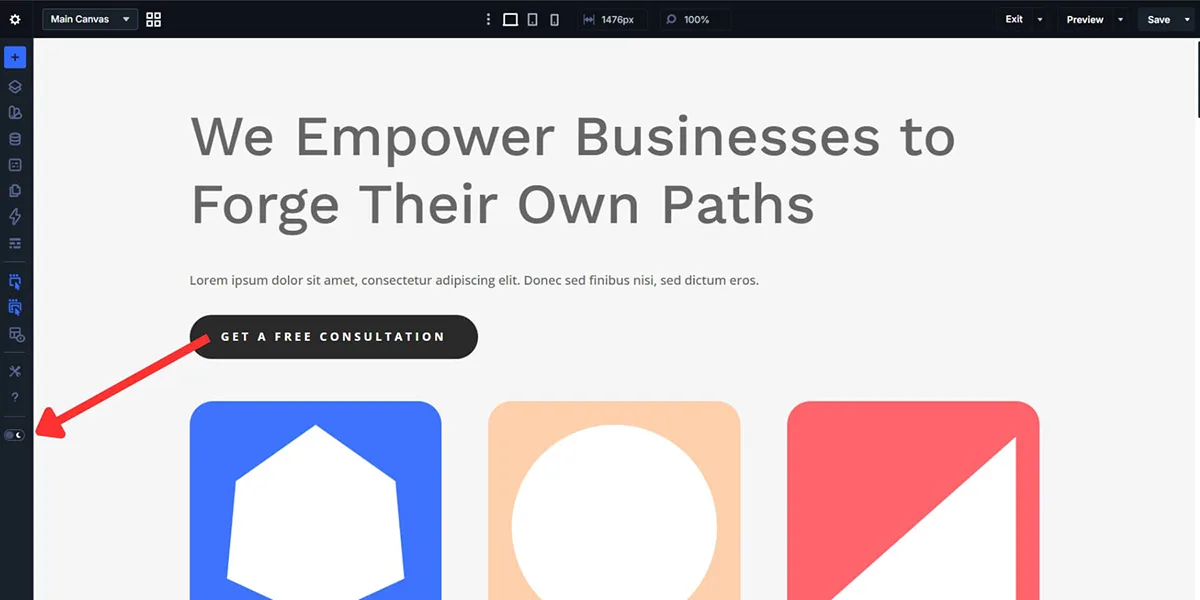 Divi 5 Builder interface in dark mode, separate from the published site's appearance