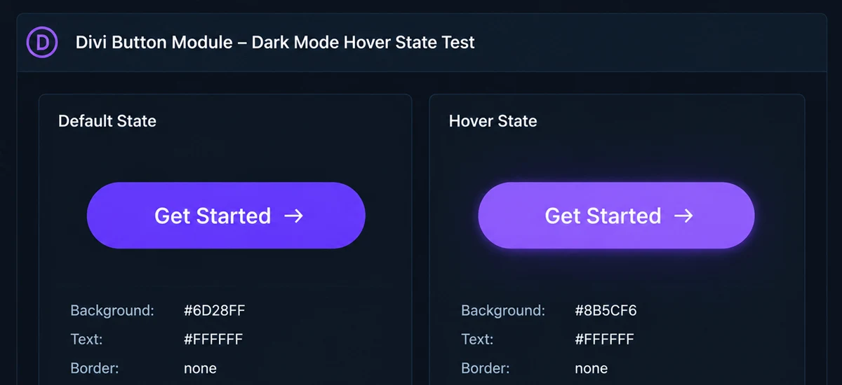 Divi button module tested in default and hover states with dark mode applied