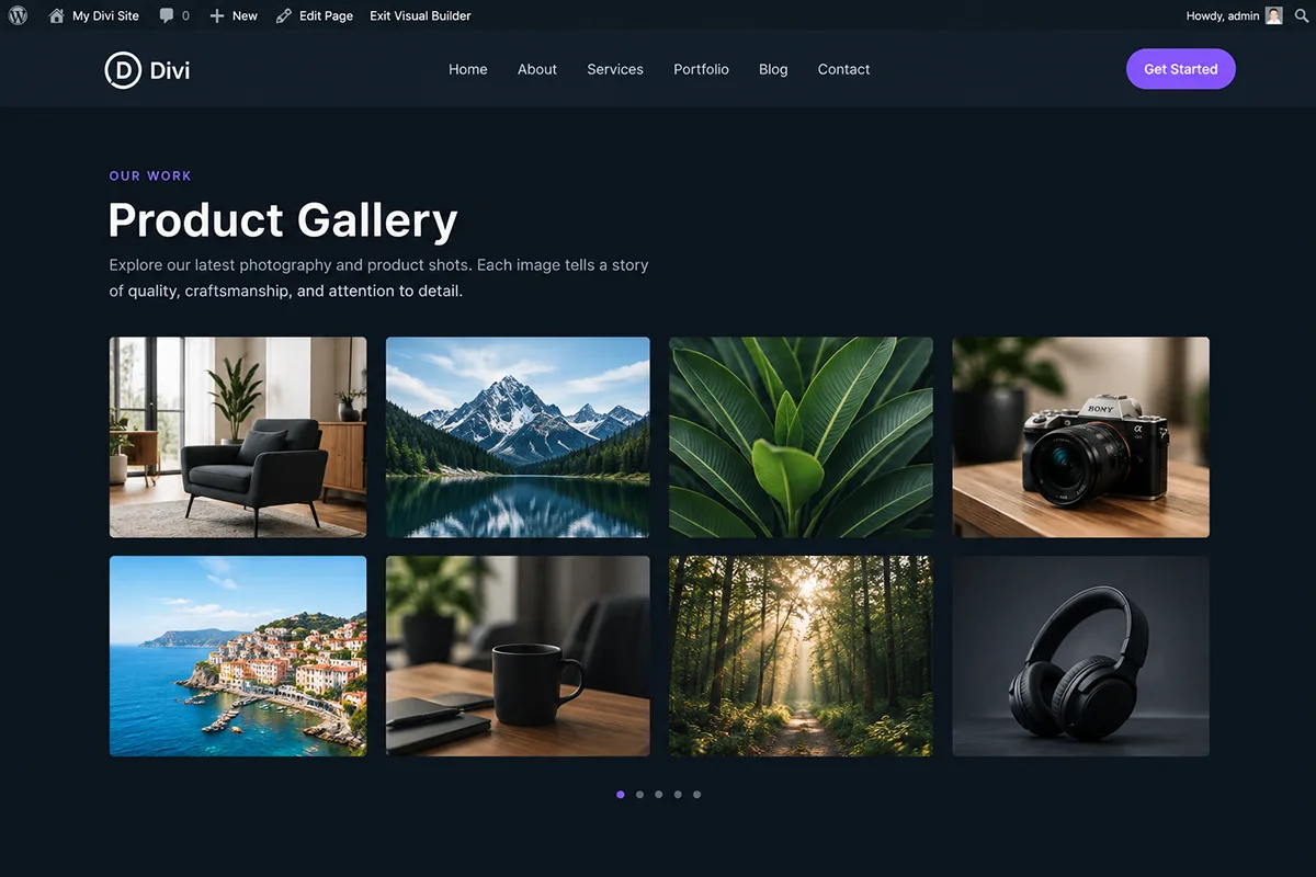Divi gallery module showing product photography preserved alongside dark-mode interface colors