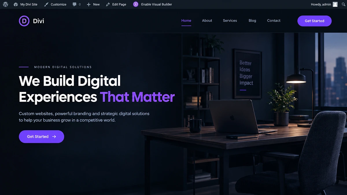 Divi dark mode applied to a fullwidth hero section with an explicit dark palette