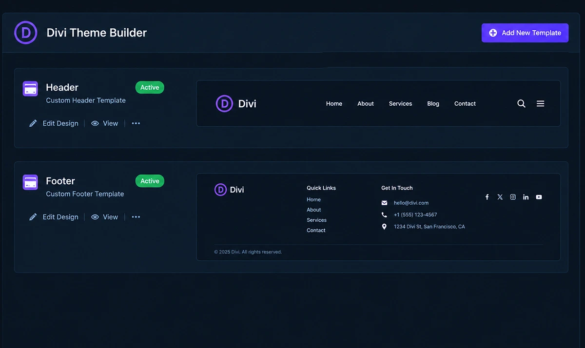 Divi Theme Builder header and footer templates shown with dark mode applied