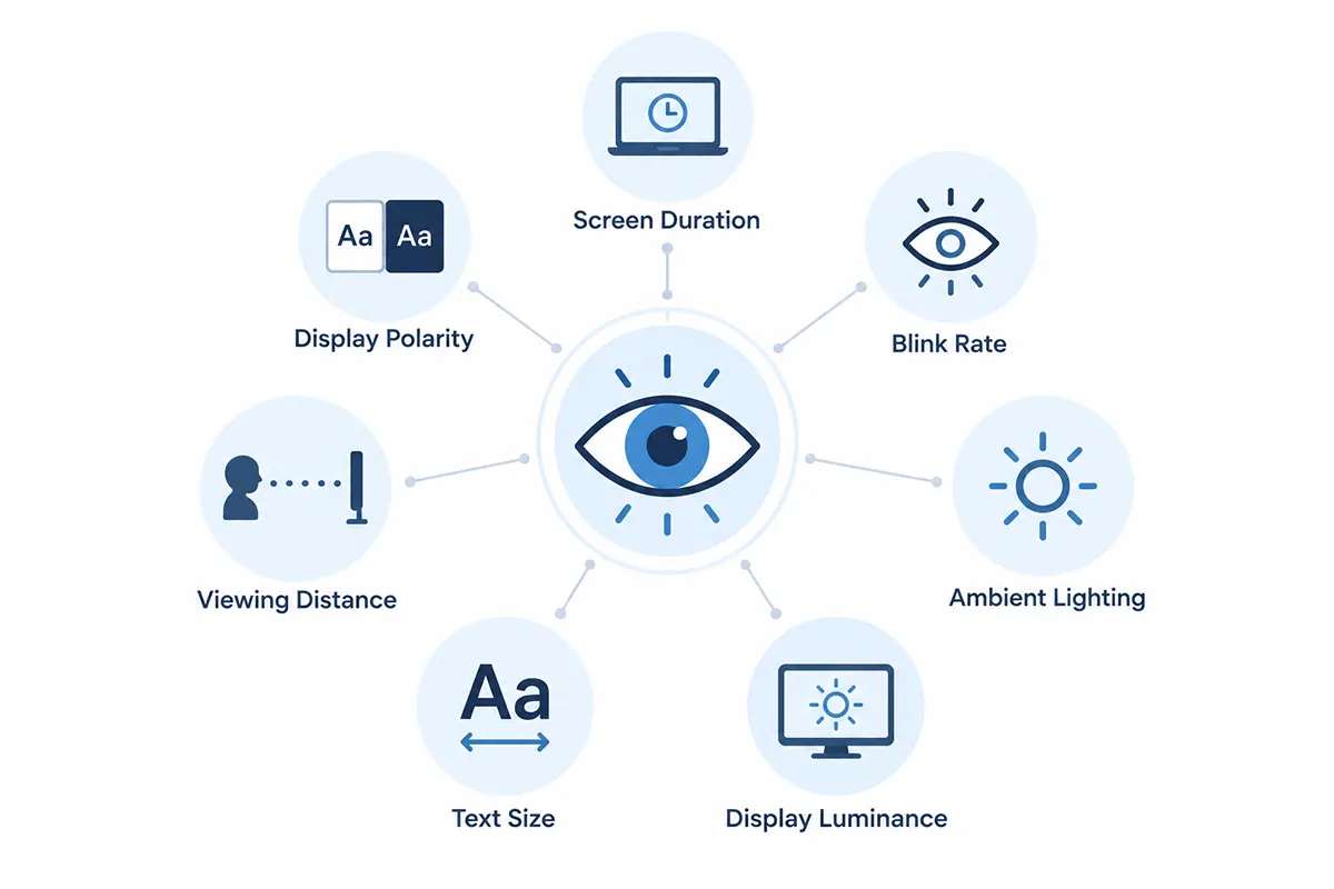 Does dark mode reduce eye strain? Diagram showing display polarity as one of several visual comfort factors, alongside lighting and screen time