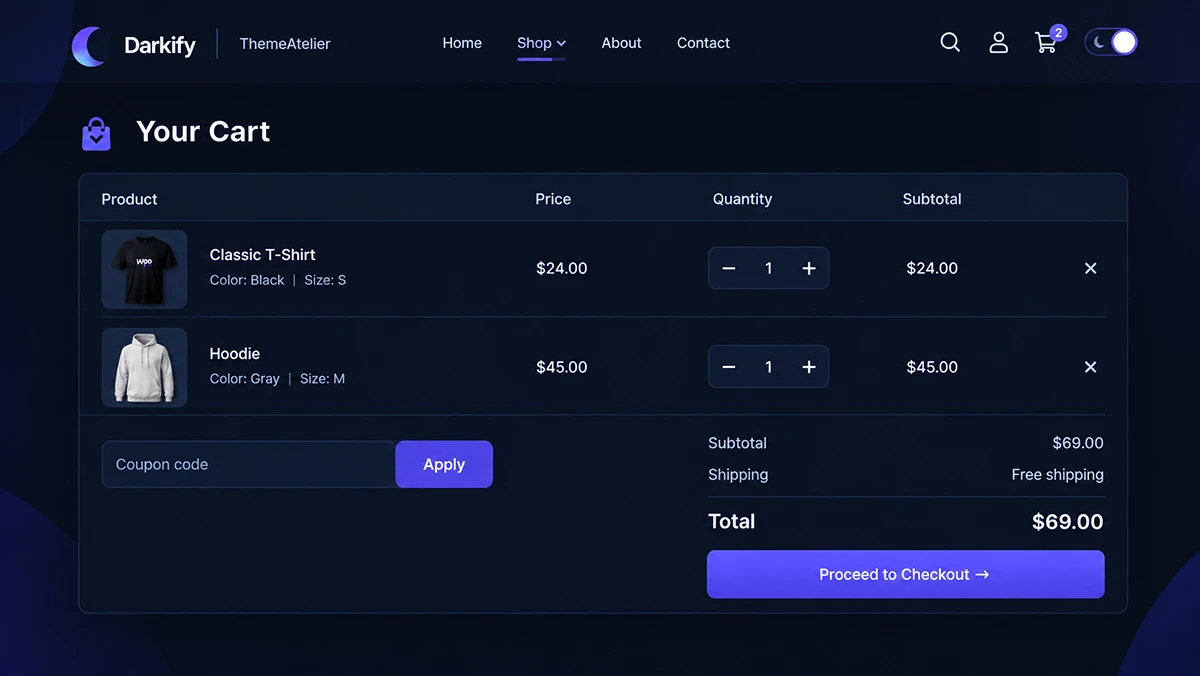 WooCommerce cart page shown in dark mode with legible totals