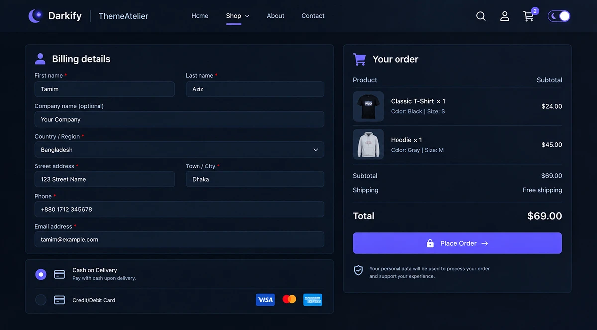 WooCommerce checkout dark mode with readable fields and a visible Place Order button