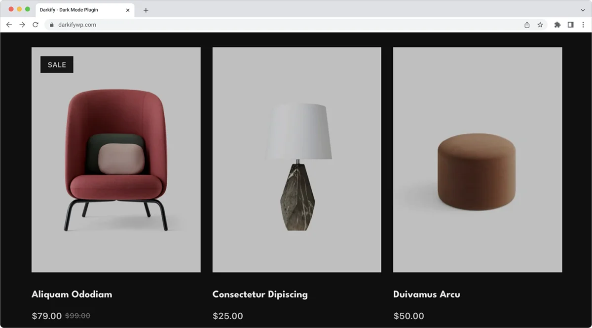 Woocommerce dark mode product page with clear product image and pricing