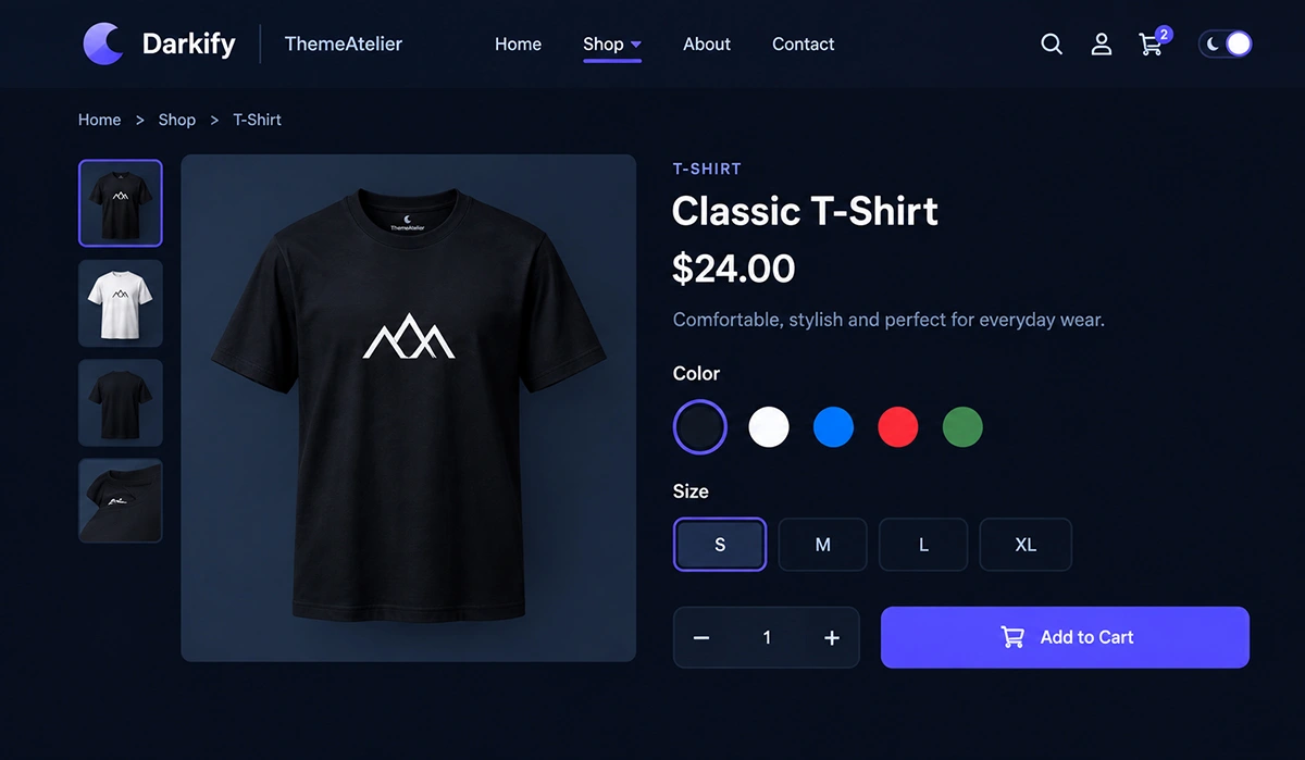 WooCommerce variable product color swatches displayed in dark mode