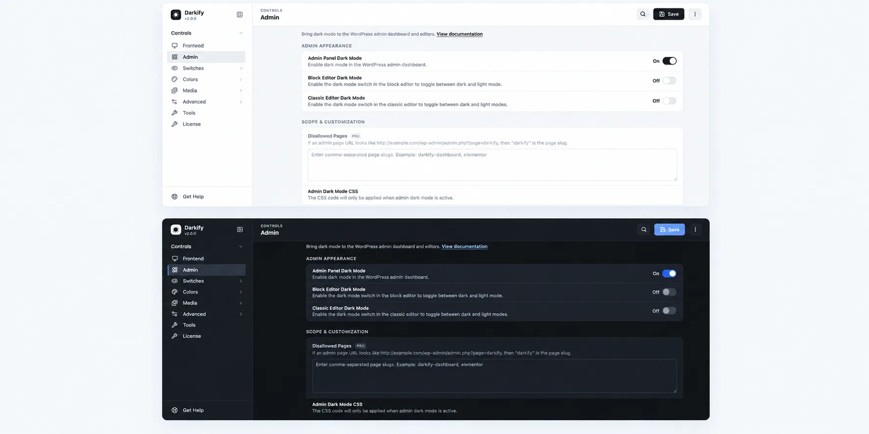 WordPress admin dashboard in default light mode beside the same dashboard with dark mode applied