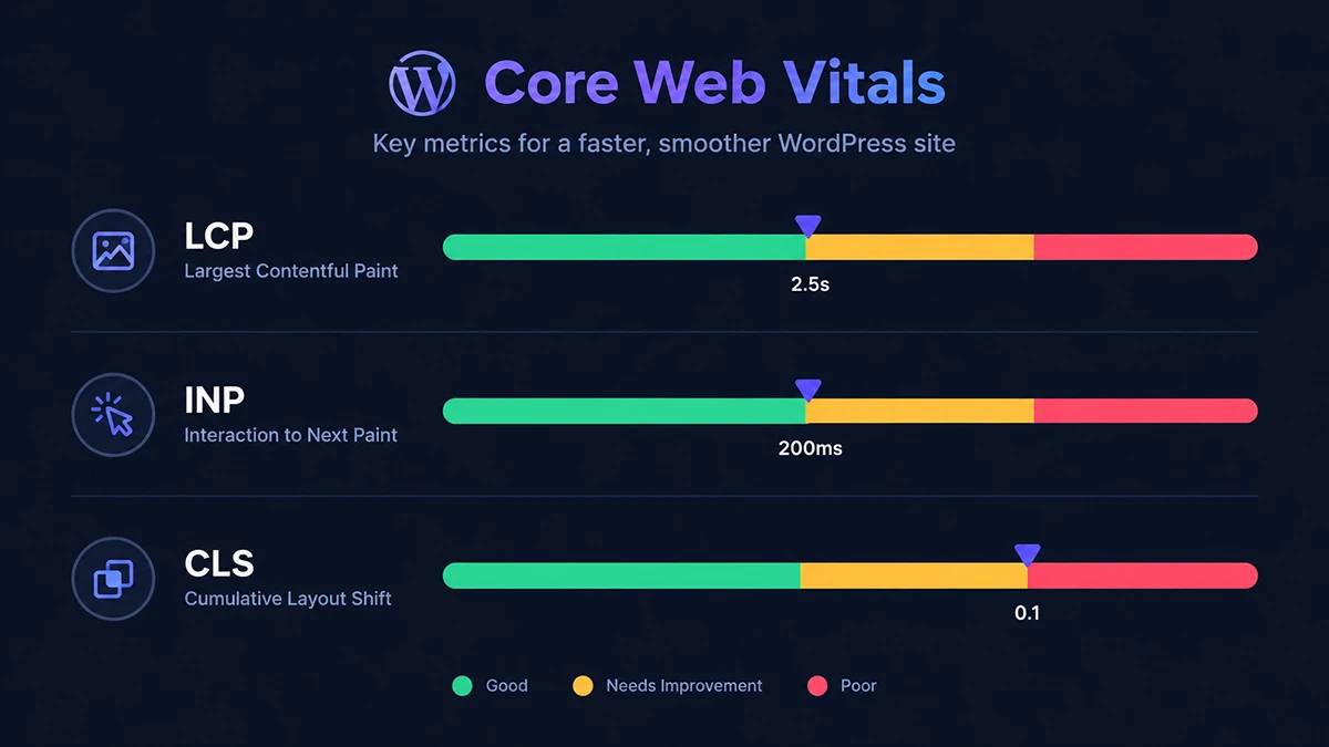 Core Web Vitals chart showing LCP, INP, and CLS thresholds for WordPress dark mode performance